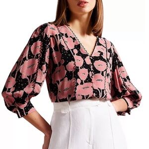 Ted Baker London | Stephii V-neck Blouson Sleeve Blouse Top Floral Pink Black M